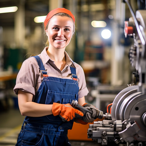 Smiling female machinist working on blurred background