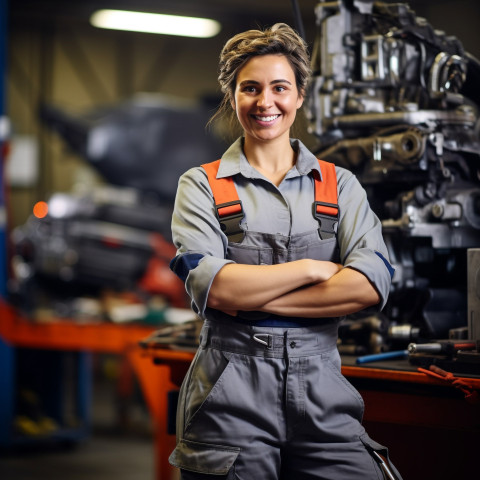 Female auto mechanic smiling while working in a garage on blurred background