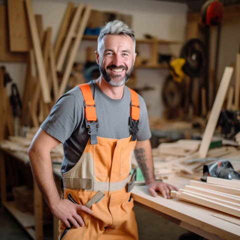 Smiling carpenter working in blurred background