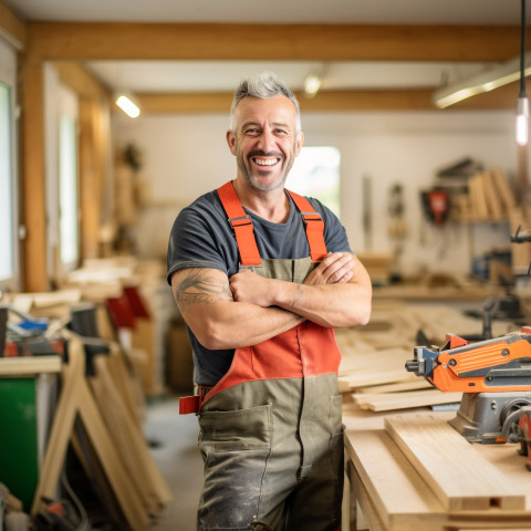 Smiling carpenter working in blurred background