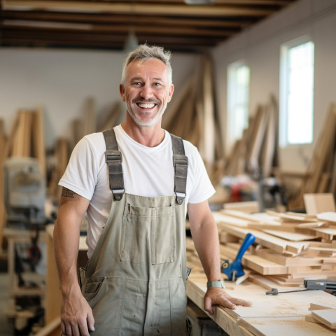 Smiling carpenter working in blurred background