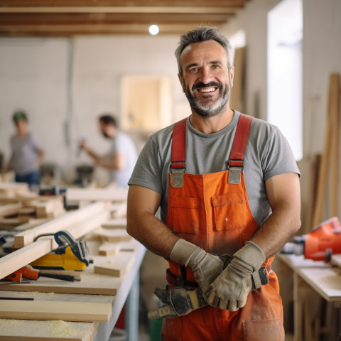 Smiling carpenter working in blurred background