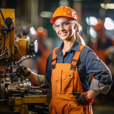 Smiling female machinist working on blurred background