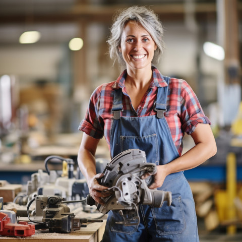 Smiling female tool and die maker working at factory on blurred background