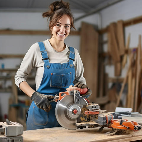 Smiling female tool and die maker working at factory on blurred background