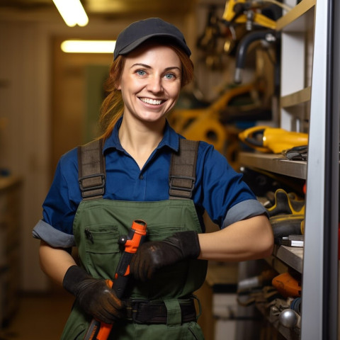 Smiling female plumber working on blurred background