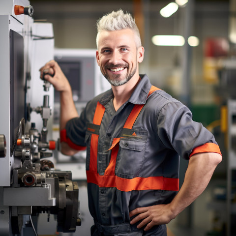 Smiling machinist working in a busy workshop on blurred background