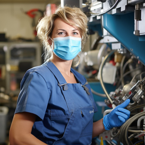 Smiling female plumber working on blurred background