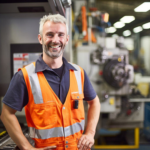 Smiling machinist working in a busy workshop on blurred background