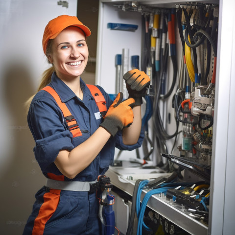 Smiling female plumber working on blurred background