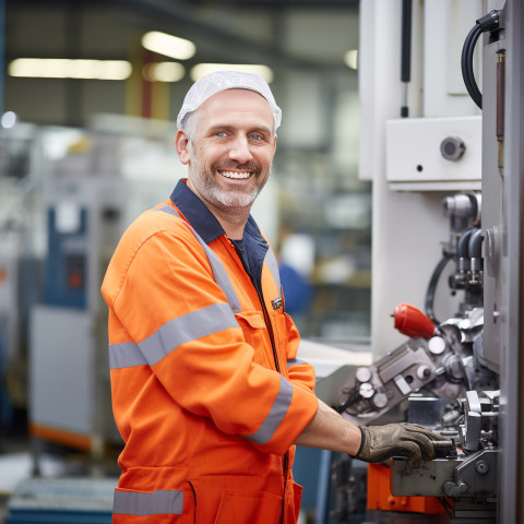 Smiling machinist working in a busy workshop on blurred background