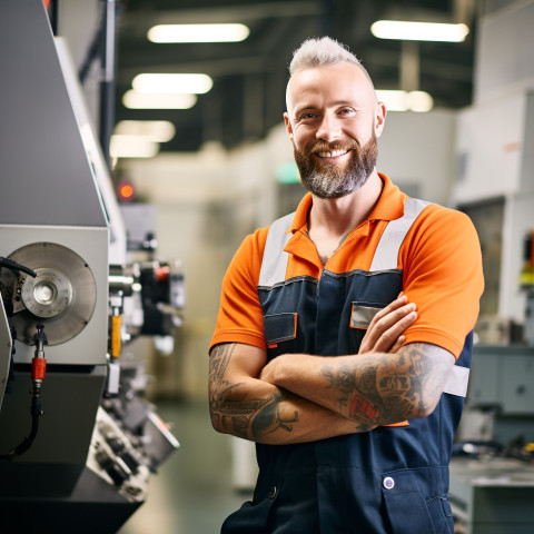 Smiling machinist working in a busy workshop on blurred background