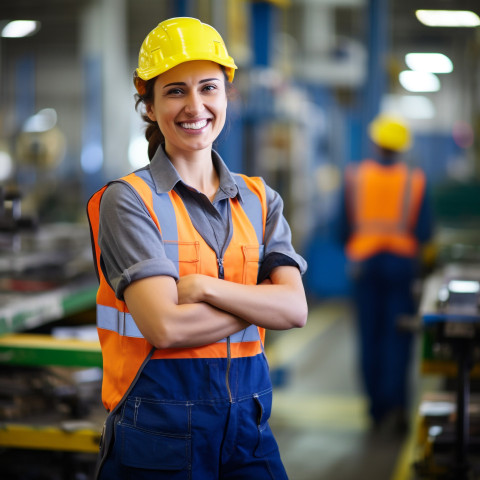 Happy woman assembling products on a factory line on blurred background