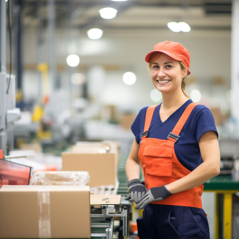 Happy woman assembling products on a factory line on blurred background