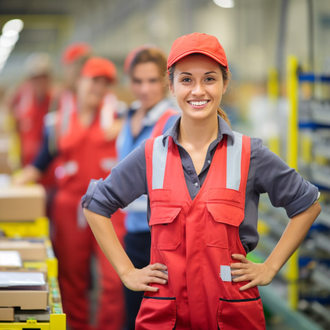 Happy woman assembling products on a factory line on blurred background