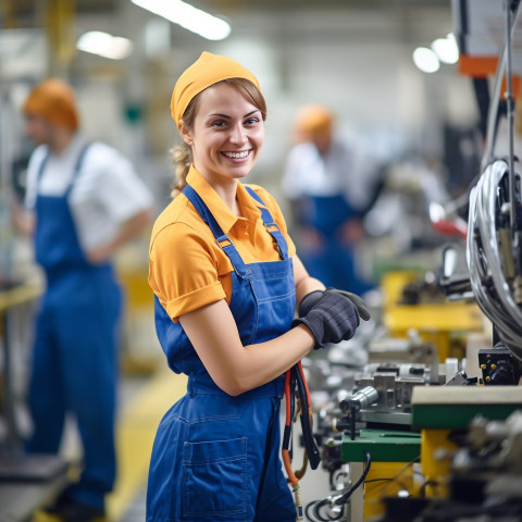 Happy woman assembling products on a factory line on blurred background