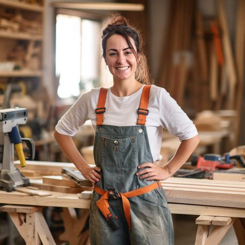 Smiling female carpenter working in blurred background