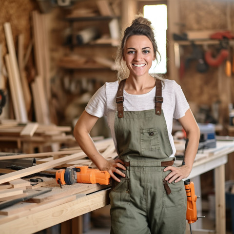 Smiling female carpenter working in blurred background