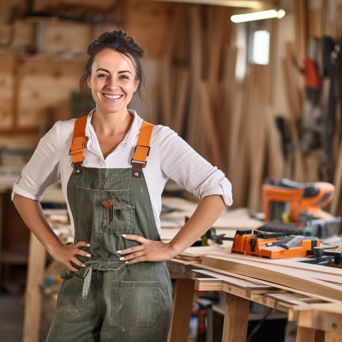 Smiling female carpenter working in blurred background