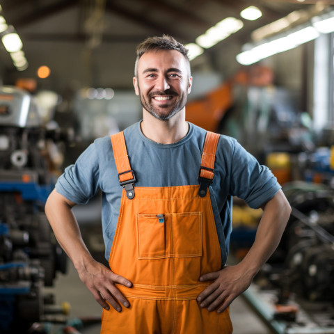 Cheerful mechanic smiling while working on car in blurred background