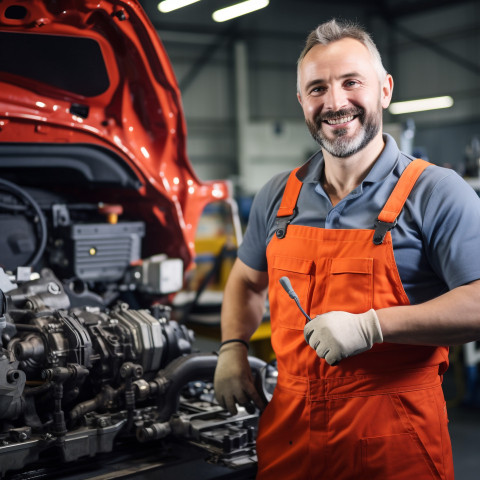 Cheerful mechanic smiling while working on car in blurred background