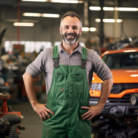 Cheerful mechanic smiling while working on car in blurred background