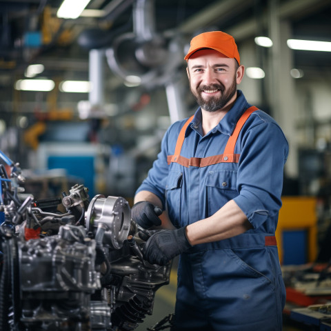 Cheerful mechanic smiling while working on car in blurred background