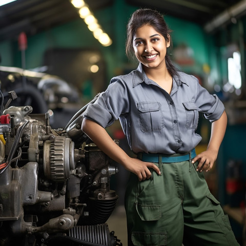 Indian woman mechanic working on blurred background