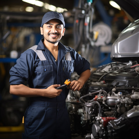 Indian man mechanic working on blurred background