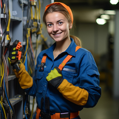 Smiling woman electrician works on blurred background