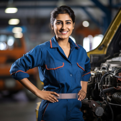 Indian woman mechanic working on blurred background