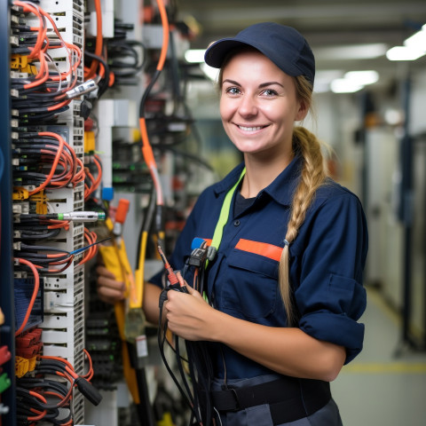 Smiling woman electrician works on blurred background