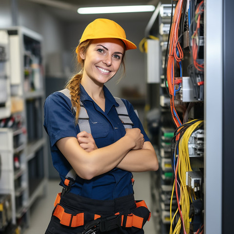 Smiling woman electrician works on blurred background