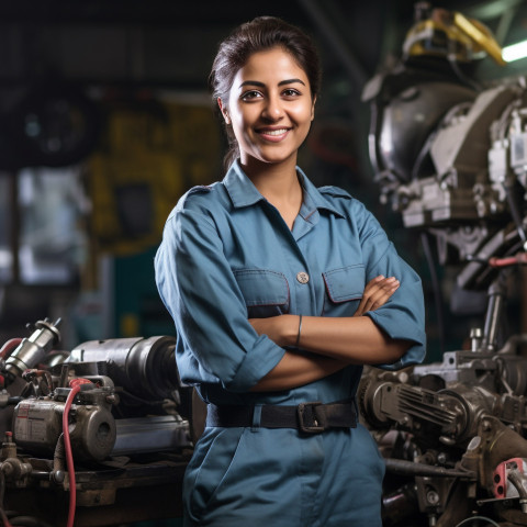 Indian woman mechanic working on blurred background