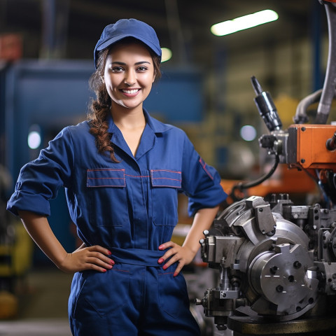 Indian female machinist working on blurred background