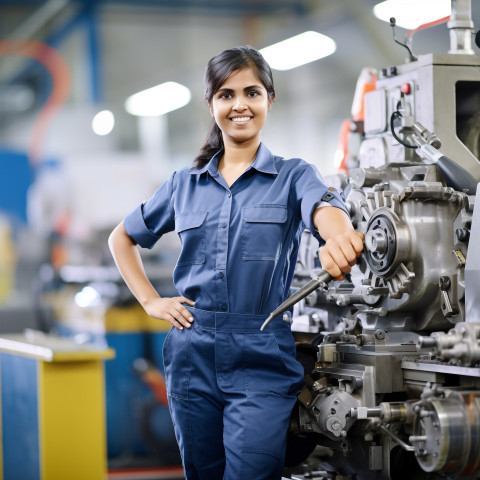 Indian female machinist working on blurred background