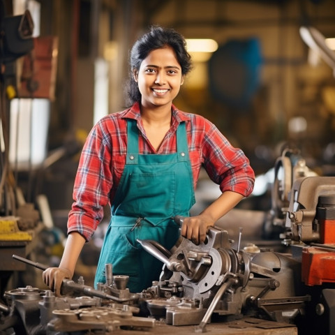 Indian woman tool and die maker at work on blurred background