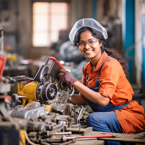 Indian woman tool and die maker at work on blurred background