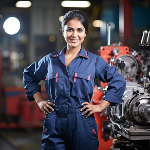 Indian female machinist working on blurred background