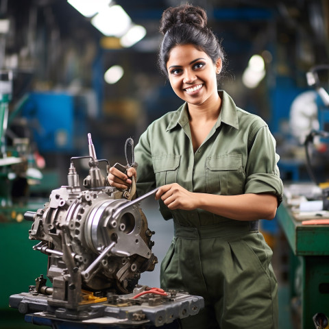 Indian woman tool and die maker at work on blurred background