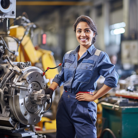 Indian female machinist working on blurred background