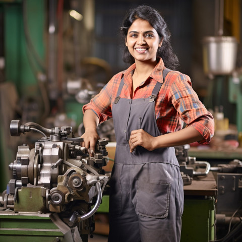 Indian woman tool and die maker at work on blurred background