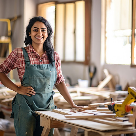 Indian woman carpenter smiles while working on a blurred background