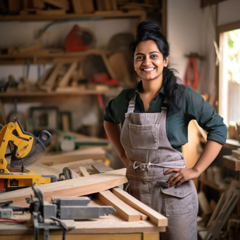 Indian woman carpenter smiles while working on a blurred background