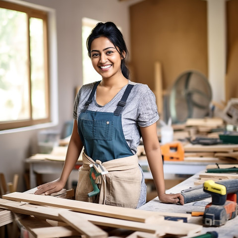 Indian woman carpenter smiles while working on a blurred background