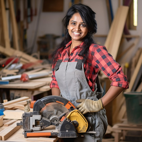 Indian woman carpenter smiles while working on a blurred background