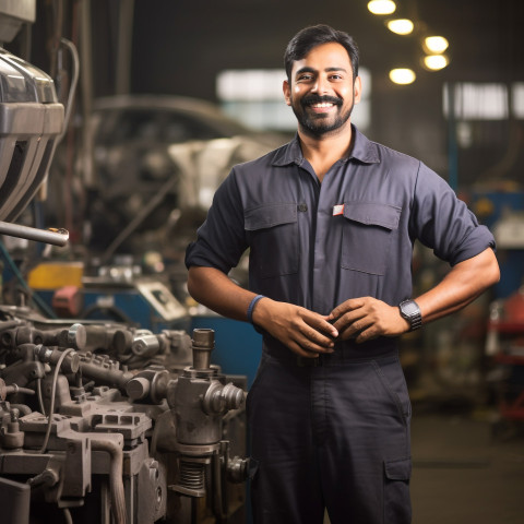 Smiling Indian mechanic working on a blurred background