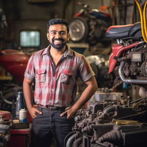 Smiling Indian mechanic working on a blurred background