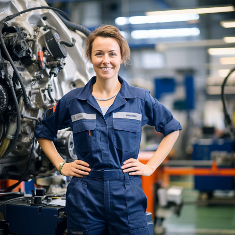 Smiling woman machine operator at work on a blurred background