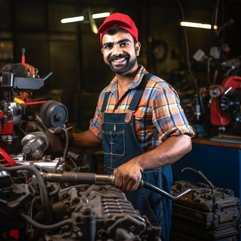 Smiling Indian mechanic working on a blurred background